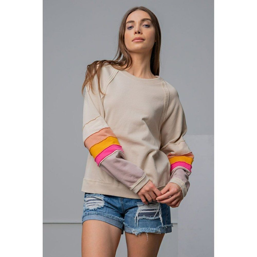 SALE! Easel Colorblock Women's French Terry Pullover Top in Oatmeal S-L ET17696